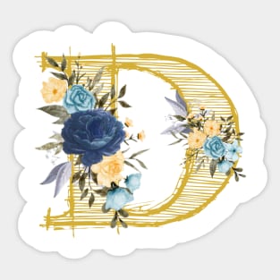 Monogram Letter D In Metallic Gold With Aesthetic Blue Flowers Botany Sticker